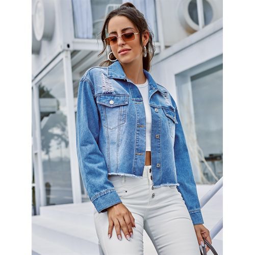 Fashion Loose Turn-down Collar Denim Ripped Women Jackets