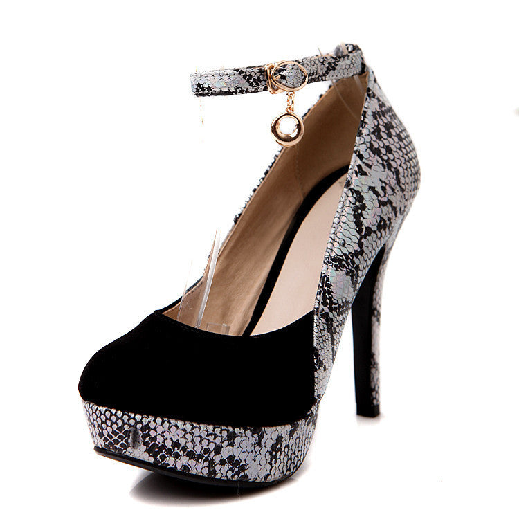 Women's Snakeskin Pattern Ankle Straps High Heel Platform Pumps Shoes 3872