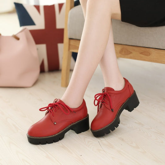 Lace Up Platform Women Mid Chunky Heels Shoes 7930