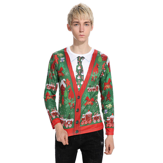 Christmas Tree 3D Fake Two-piece Tie Printing  Men's Long-sleeved T-shirt