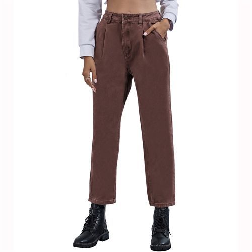 Ins Fashion High Waist Denim Brown Straight Long Women Jeans