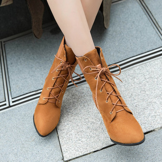 Women Lace Up Chunky High Heel Ankle Boots