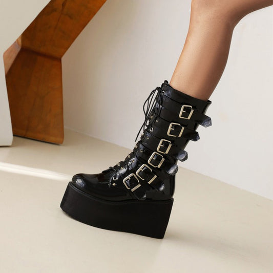 Women Buckle Platform Wedges Heels Mid Calf Boots