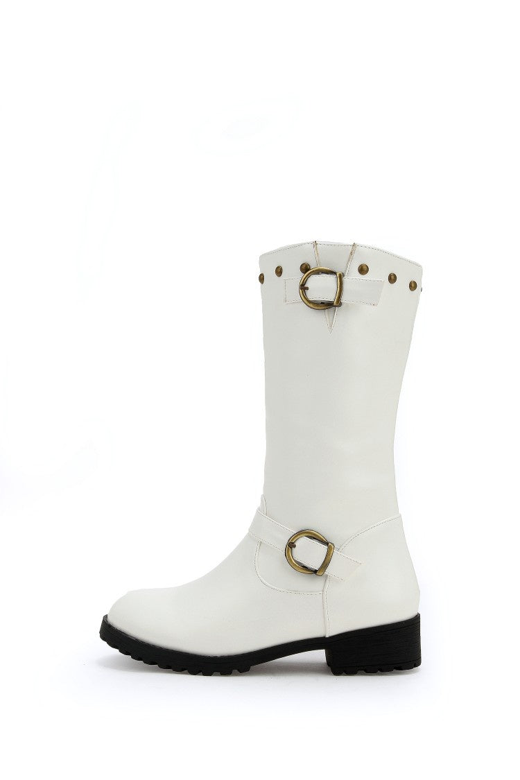 Women's Rivets Buckle Belt Mid Calf Boots