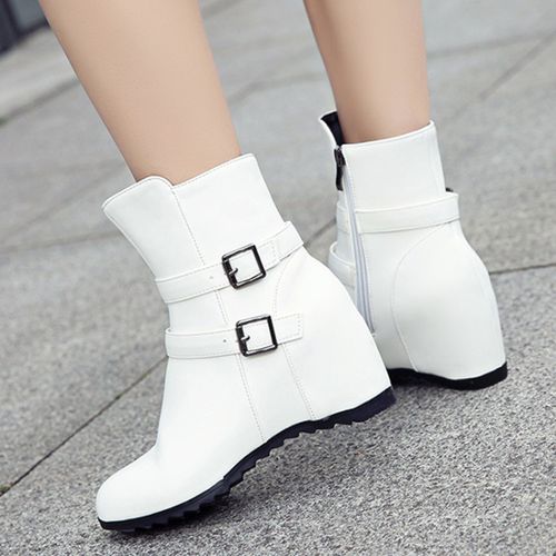 Women Buckle Wedges Heeled Short Boots Winter Shoes