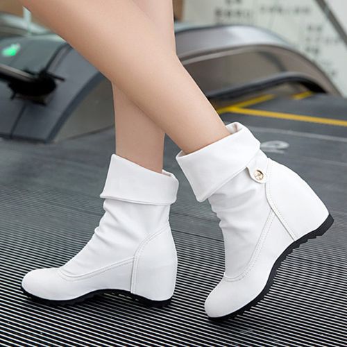 Women Pleated Wedges Heeled Short Boots Winter Shoes