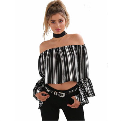 Off Shoulder Sexy Stripe Chiffon Fashion Bell Long Sleeves Women T Shirts