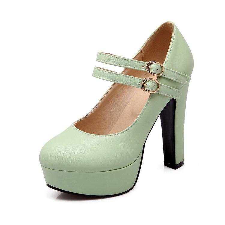 Woman High Heeled Buckle Platform Pumps