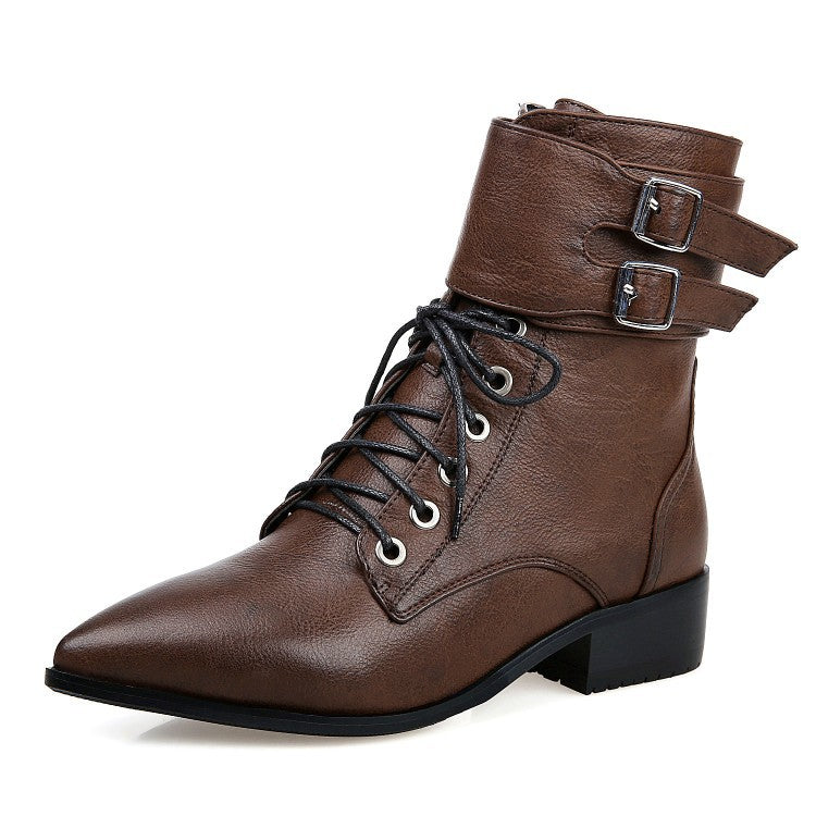 Fall/winter Short Boots Pointed Toe Lace Up Motorcycle Boots Women's Shoes