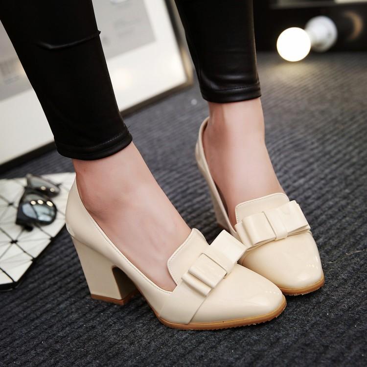 Chunky High Heelss Bow Shallow Toe Women Chunky Pumps Shoes Woman