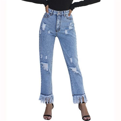 Ins Fashion Washable High Waist Holes Denim Long Women Jeans