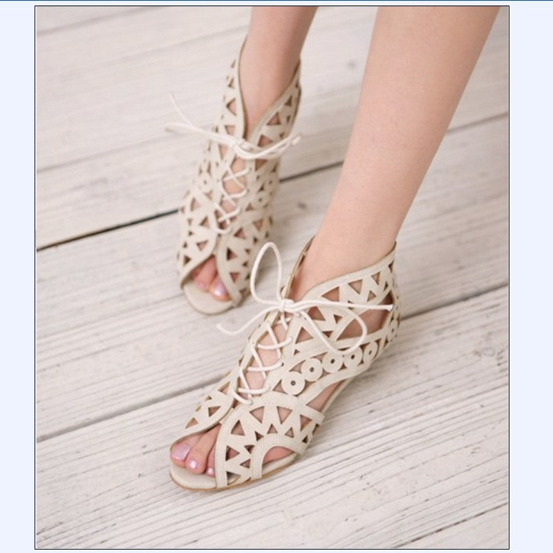 Women Peep Toe Lace Up Flat Sandals 