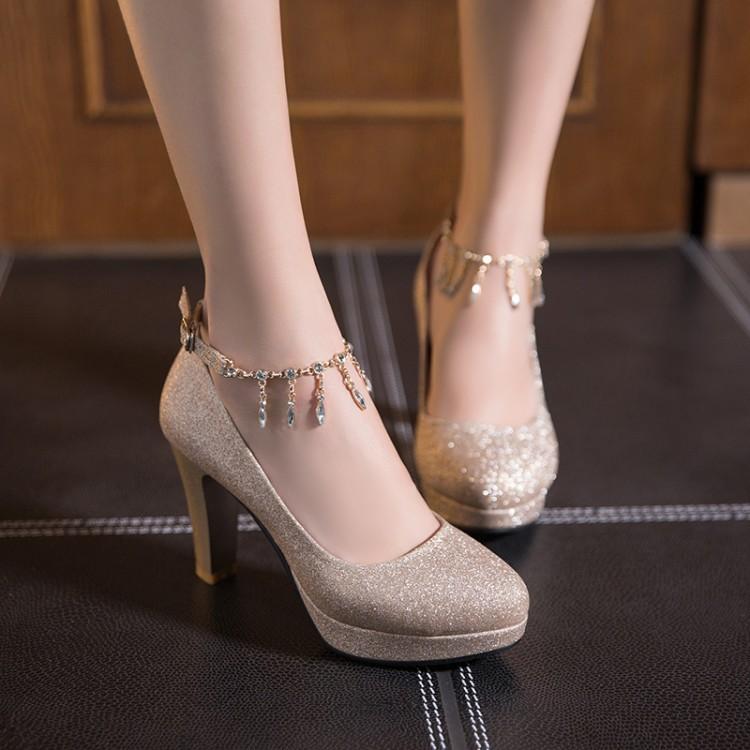 Rhinestone High Heelss Thick-heeled Women's Round Head Platform Chunky Pumps Wedding Shoes Woman