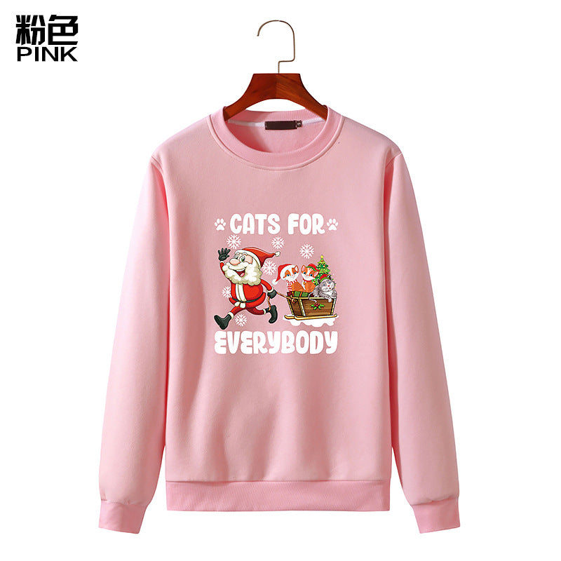 Christmas Cat Print Round Neck Long Sleeve Sweatshirt