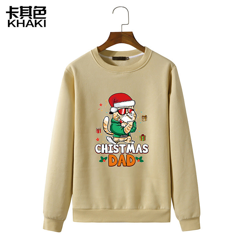 Christmas Cat Print Round Neck Long Sleeve Men's Sweatshirt