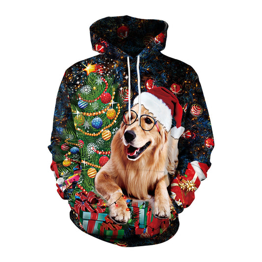 Couple Christmas Animal Print Hooded Pullover Sweatshirt