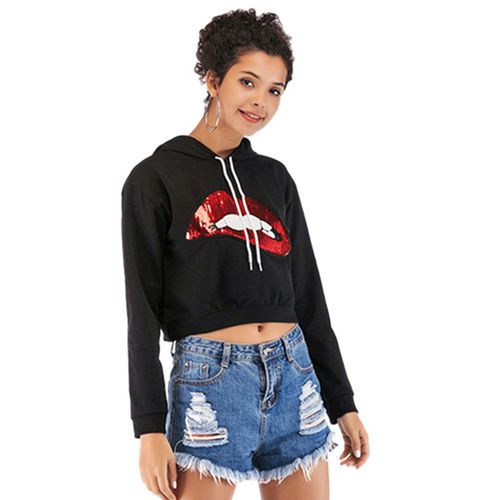 Lip Sequin Print Hoodie Spring Slim Short Woman Sweatshirt