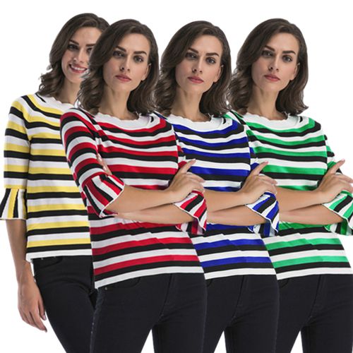 Horn Sleeve Striped Sweater Women's Spring Trim Round Collar Mid-sleeve Knitwear