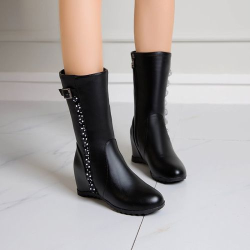 Women Buckle Wedges Heeled Mid Calf Boots Winter Shoes