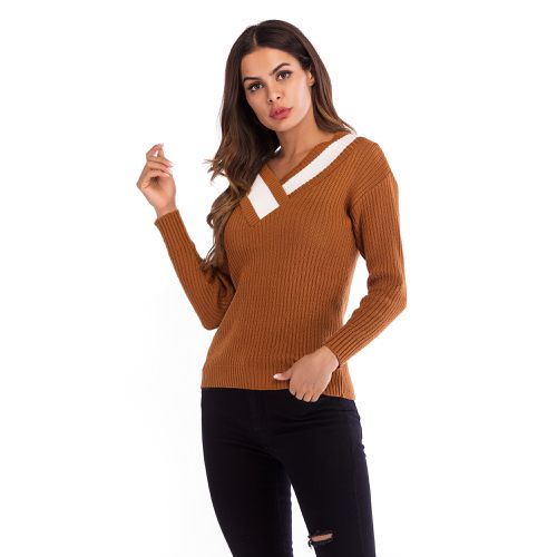 Contrasting Casual Sweater Women's Spring Cross V-neck Slim Sweater