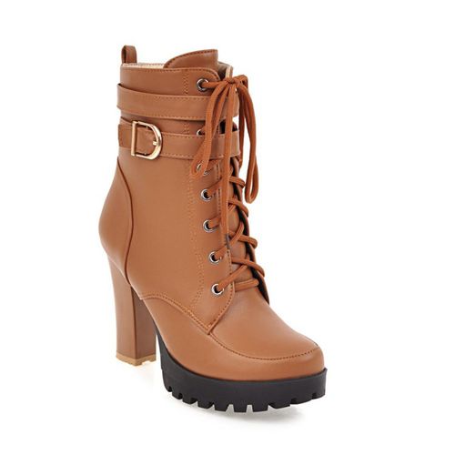 Women's Lace Up Buckle High Heels Platform Short Boots