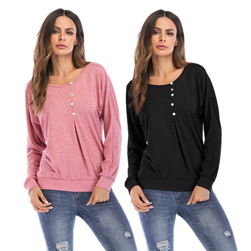 Pleated Button-down Casual Wear Spring Loose-fitting Women Sweatshirt