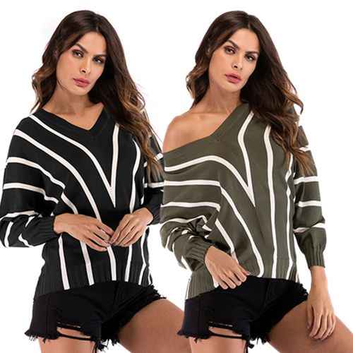 Casual Striped Sweater Women's Spring Slim V-neck Joker Sweater