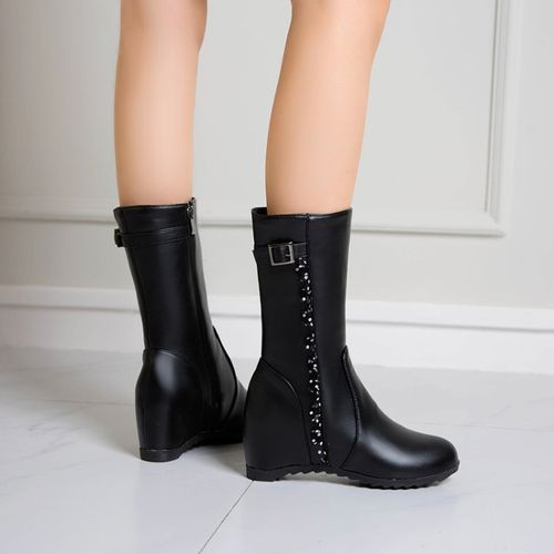 Women Buckle Wedges Heeled Mid Calf Boots Winter Shoes
