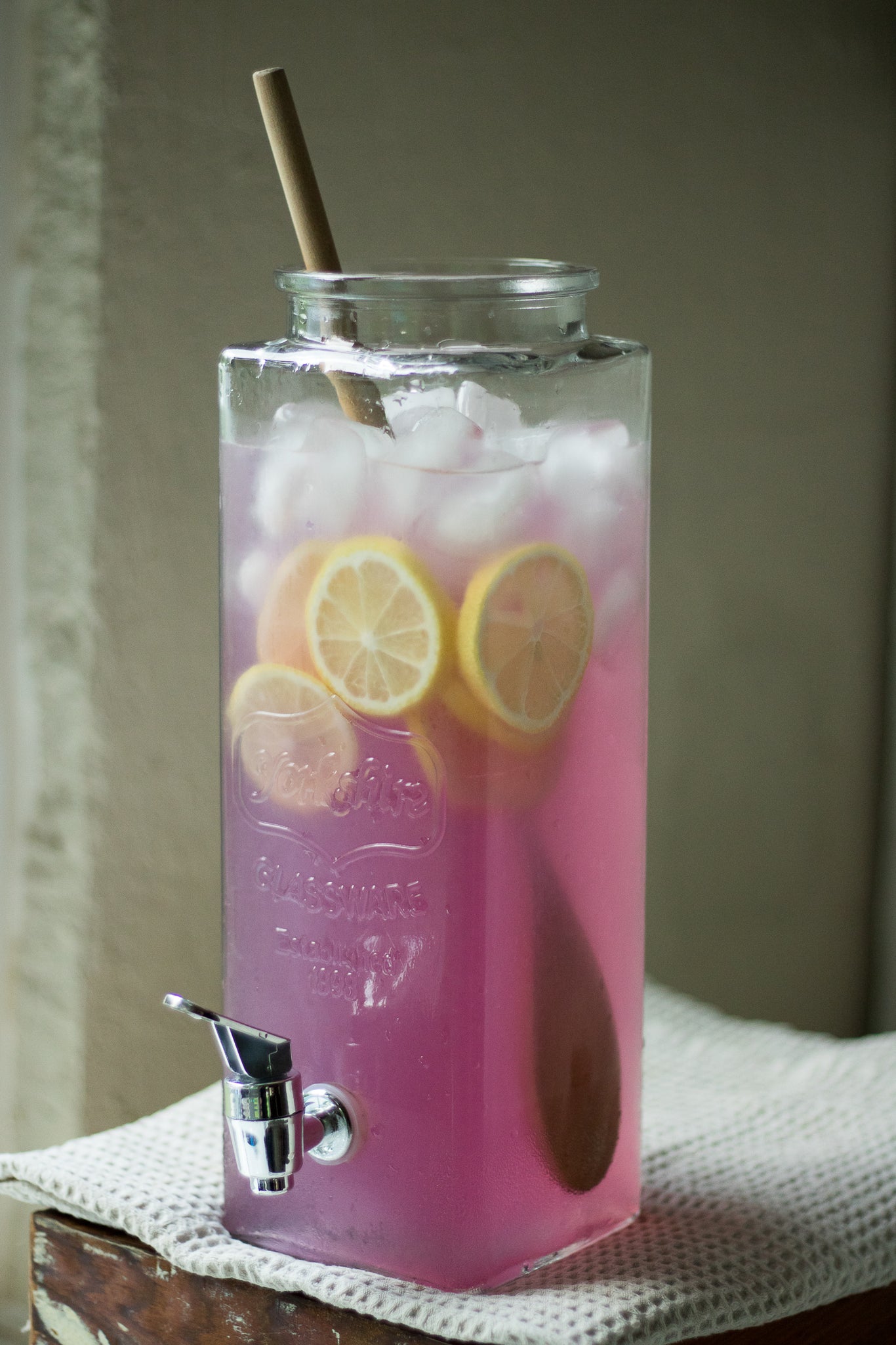 Blue Butterfly Pea Flower Lemonade Recipe in beverage dispenser
