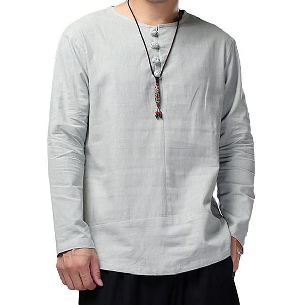 Men's Vintage Cotton Button Collar Solid Color Long Sleeve T-shirt - veooy