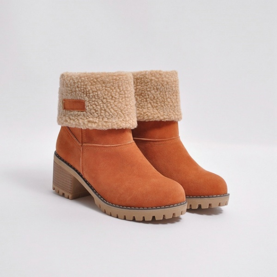 Female Winter Shoes Fur Warm Snow Boots Square Heels Ankle Boots - Veooy