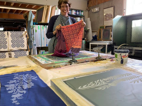 printmaker Eliza Jane Curtis at work in her Maine silkscreen studio - Morris & Essex textiles, handmade in Maine