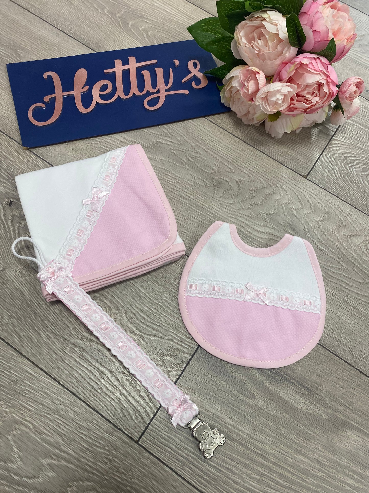 Three Piece Spanish Ribbon Bib Dummy Clip & Muslin Set