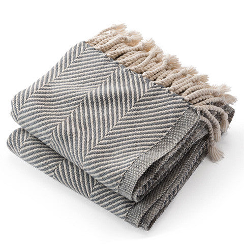 Slate and Natural Cotton Herringbone Throw with Fringe