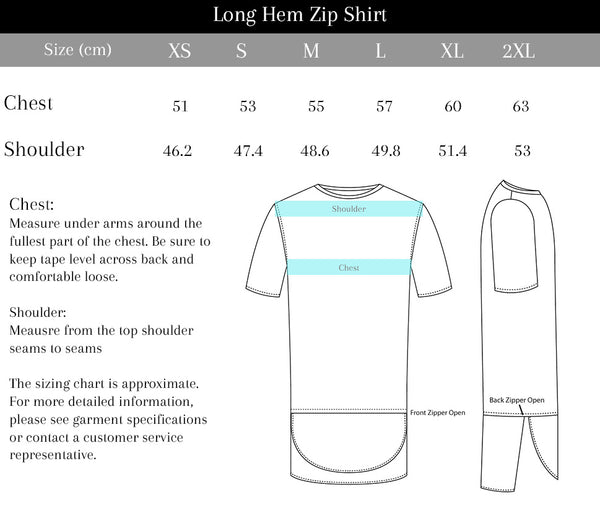Purveyor Long Hem Zip Shirt Size Chart
