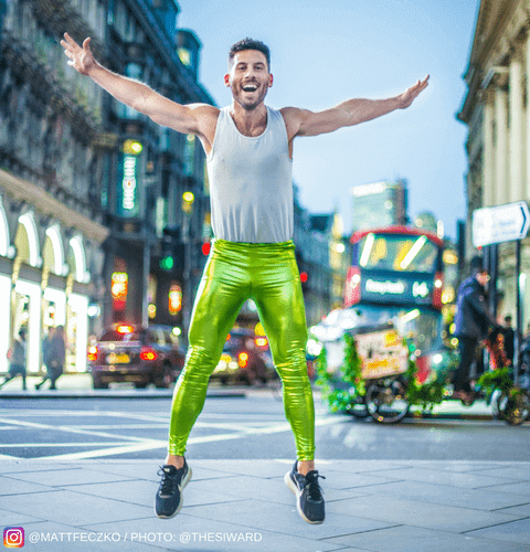 jumping man in metallic green male leggings london