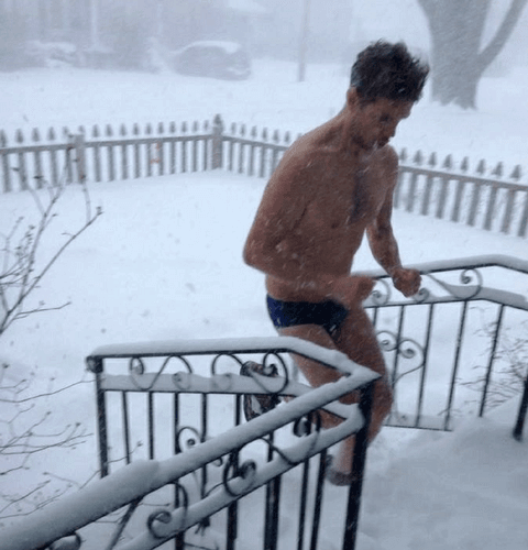 male leggings artist joseph ferm in speedos in snow