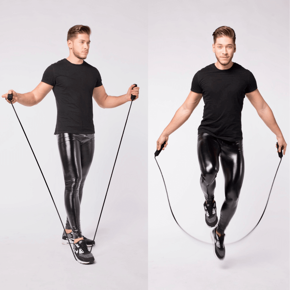 man in studio skipping rope in kapow black wet look leggings