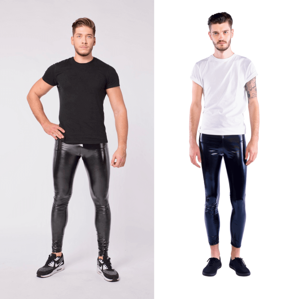 two men side by side in black shiny meggings