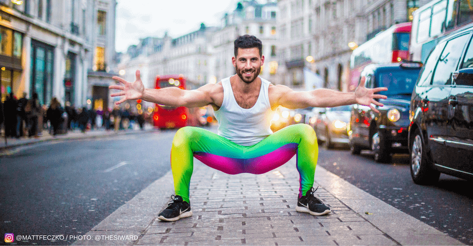 yoga instructor matt in multicoloured neon mens leggings