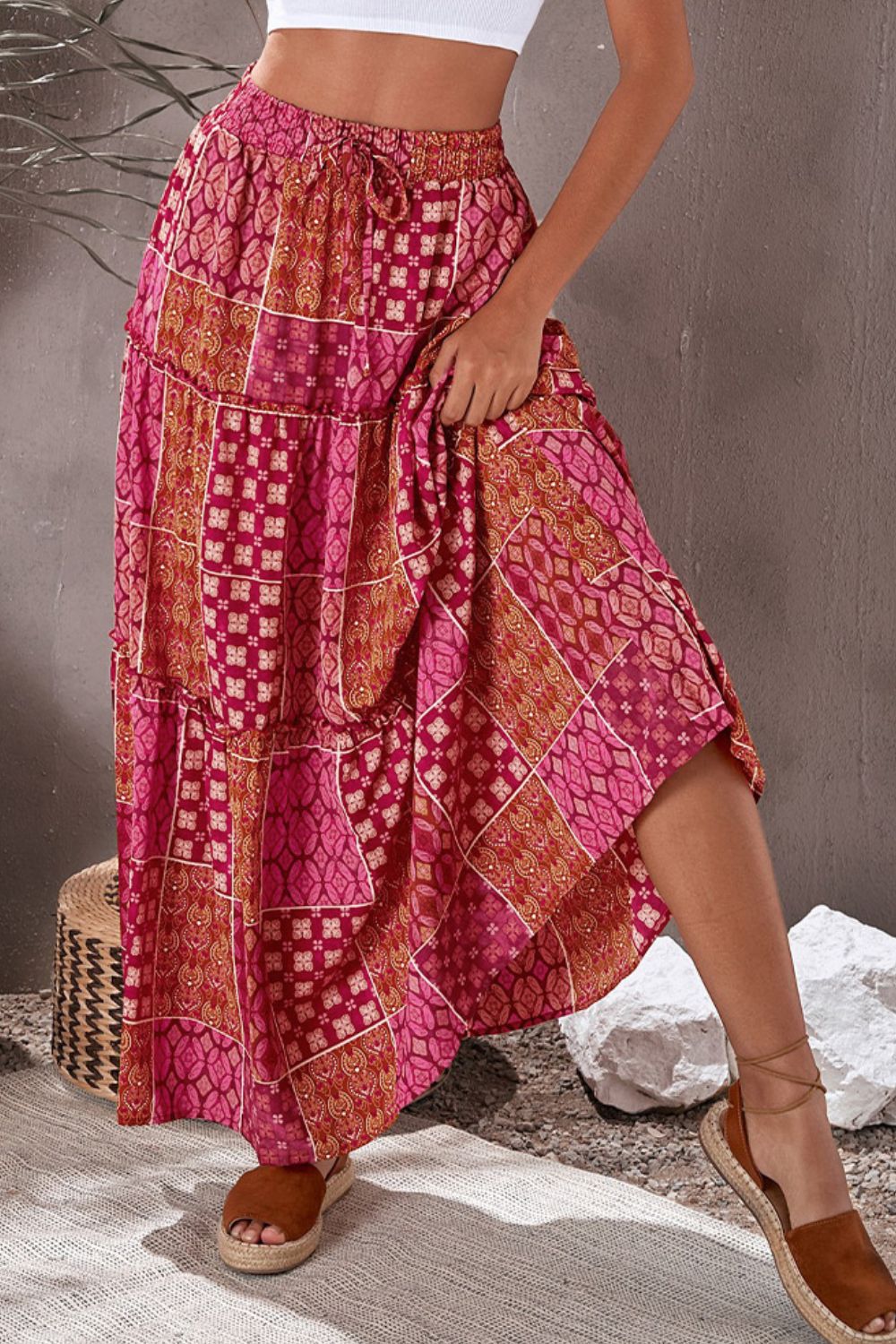 Patchwork Frill Trim Tiered Maxi Skirt