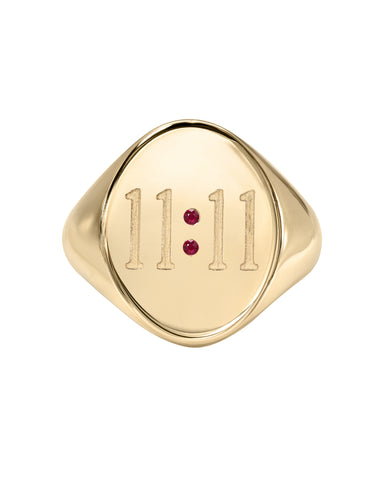 11:11 Oval Signet Ring, 14k Yellow Gold & Rubies