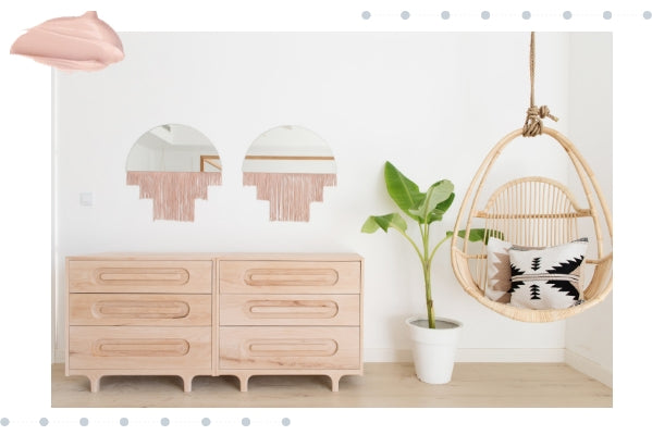 Hanging Chair and Wood Dresser with Leather and glass mirror