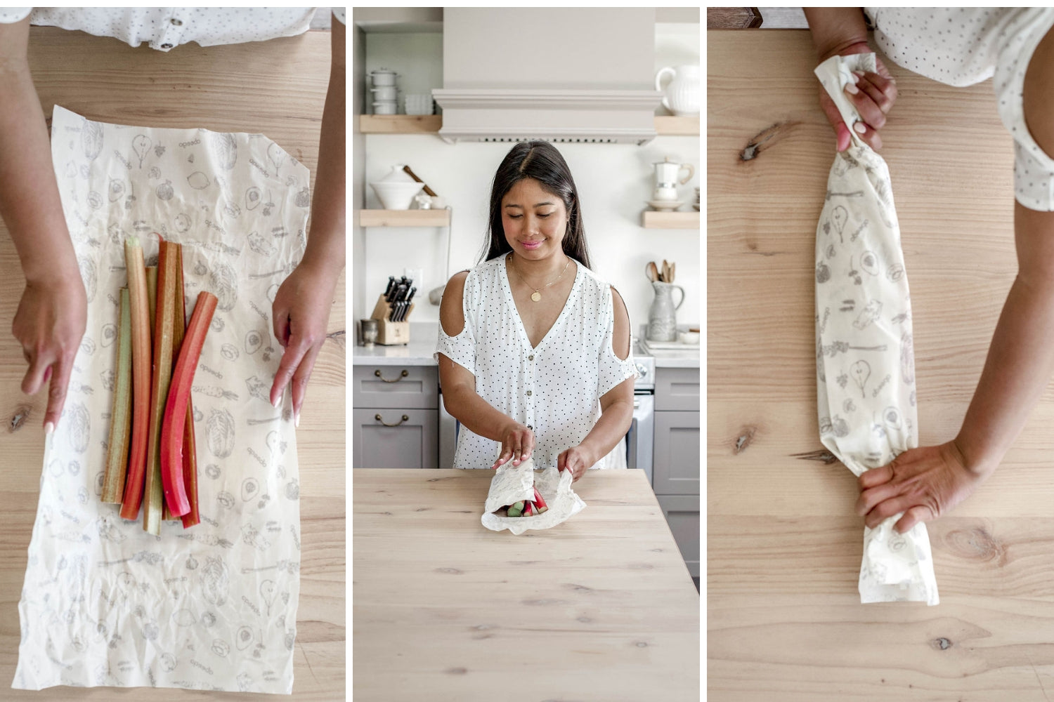 left image: bird's eye view. stalks of rhubarb laying in a large rectangle Abeego with hands about to wrap it. Middle image: woman wrapping stalks of rhubarb in a large rectangle Abeego in a bright kitchen. Right image: Woman's hands twisting the ends of a totally wrapped Large Rectangle Abeego with rhubarb inside. 