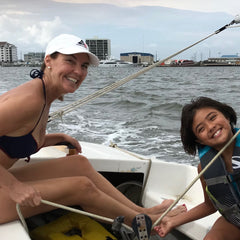 Mommy-Morgan on a Flying Scot on Bogue Sound, Morehead City, NC
