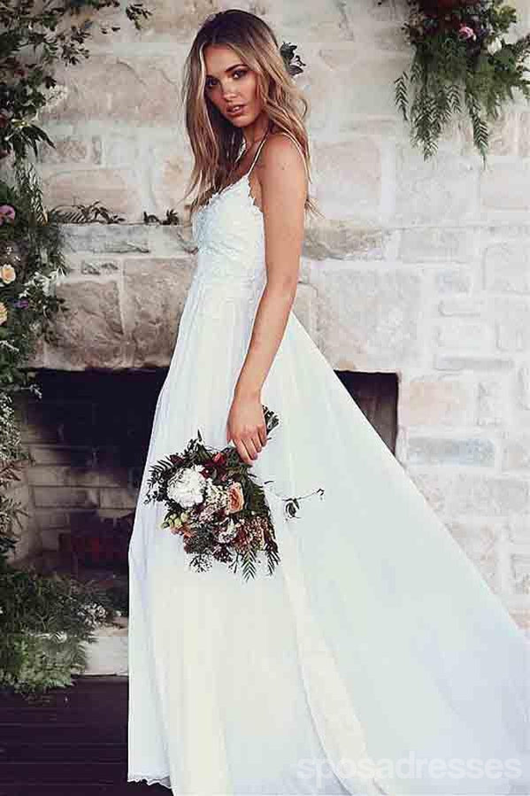 Low Back Spaghetti Straps Lace Bodice Beach Wedding Bridal Dresses Wd285
