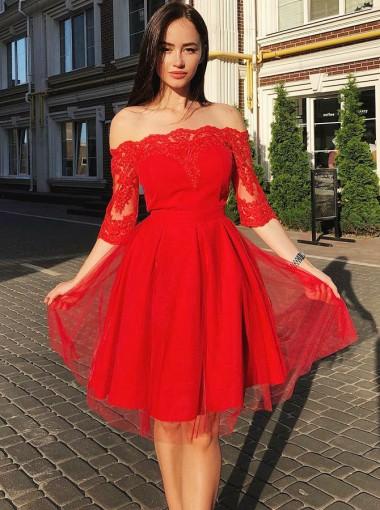 red off the shoulder dress with sleeves