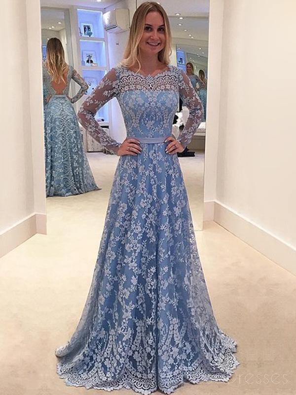 Blue Lace Prom Dresses, Long Sleeves Prom Dresses,A-line Prom Dresses