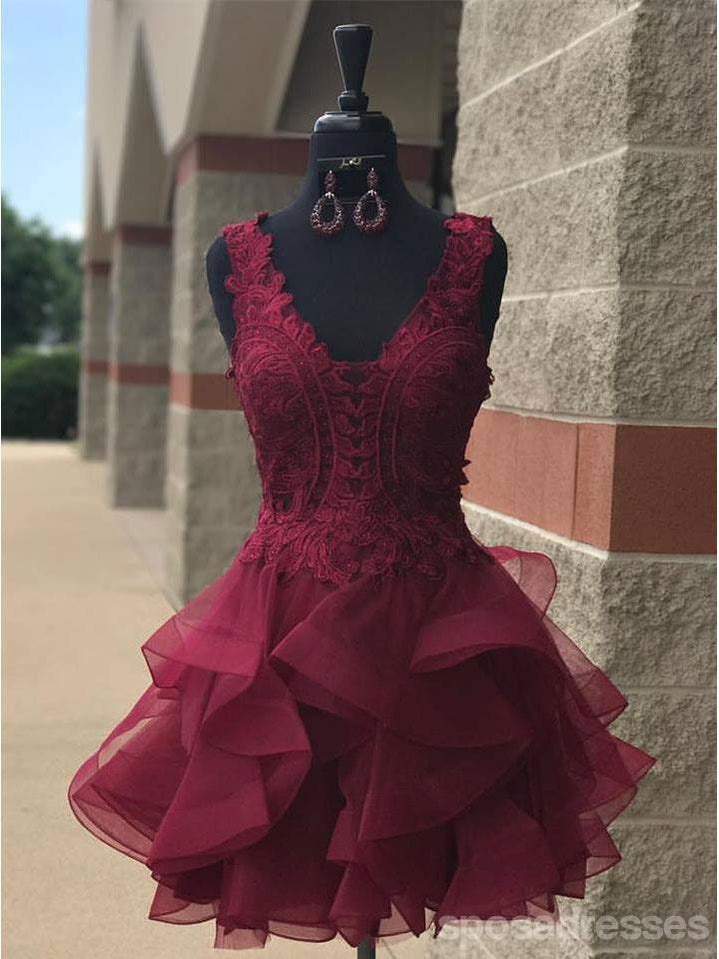 Lace V Neck Cheap Burgundy Homecoming 