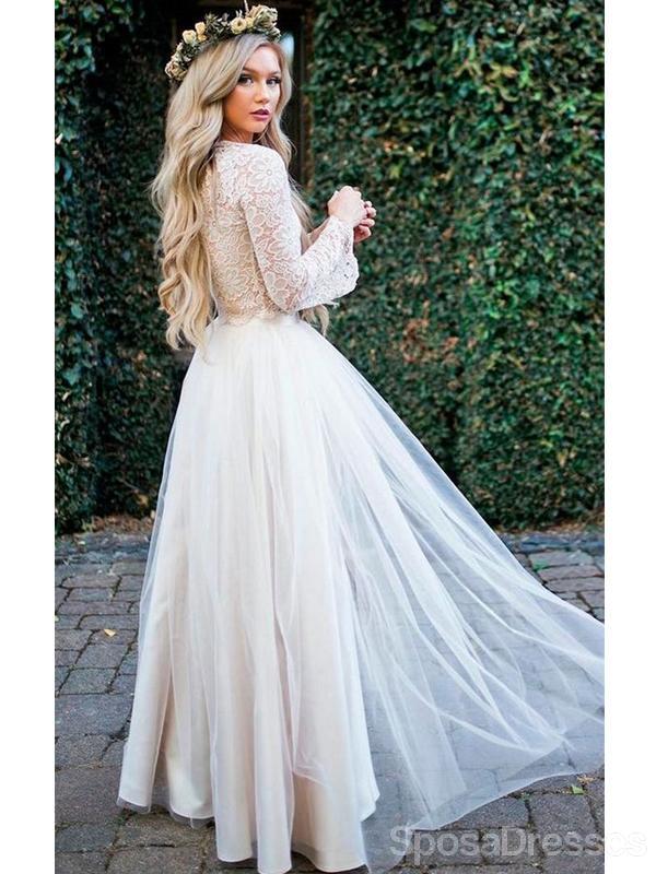 Long Sleeves Lace Jewel Neck Modest Cheap Wedding Dresses Online